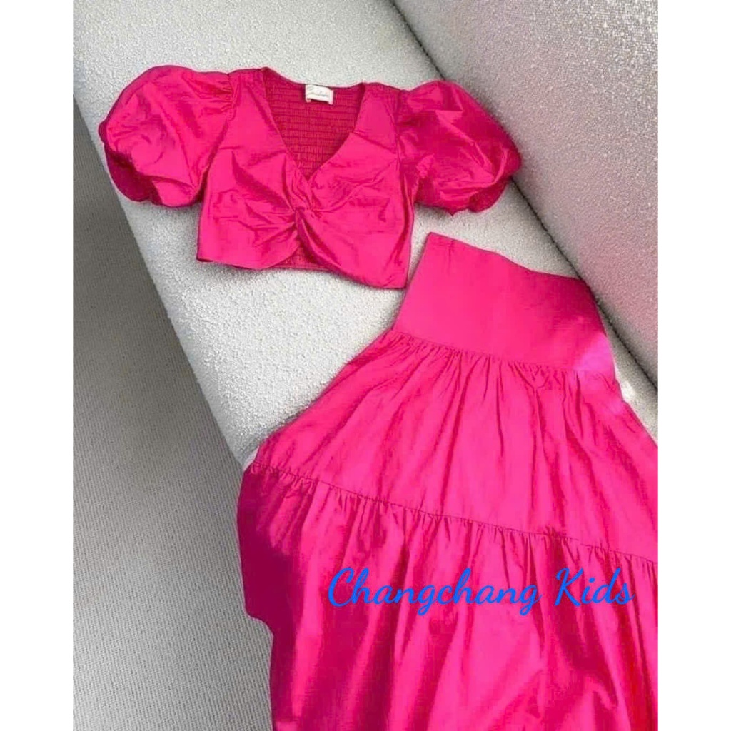 Set bé gái áo croptop tay bồng hở eo chân váy dài dáng maxi cho mẹ và bé gái 3-14 tuổi