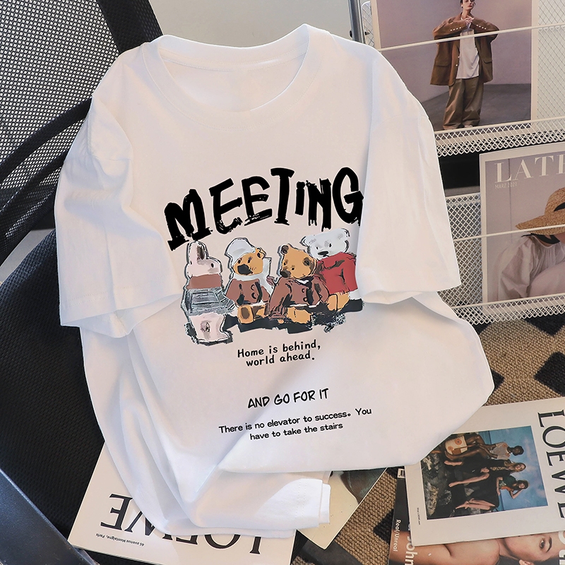 Áo thun nam tay lỡ HappyFamily tay ngắn I'M OK - Áo nam MEETING 4 GẤU Chất vải cotton 100 cao cấp 2 màu Đen Trắng 2 mặt