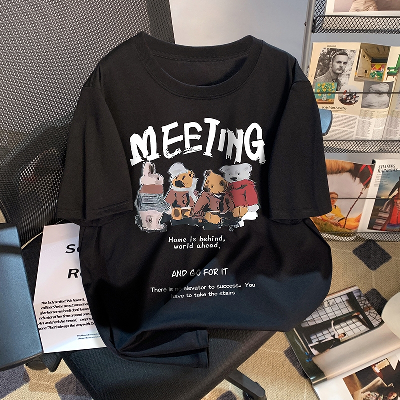 Áo thun nam tay lỡ HappyFamily tay ngắn I'M OK - Áo nam MEETING 4 GẤU Chất vải cotton 100 cao cấp 2 màu Đen Trắng 2 mặt