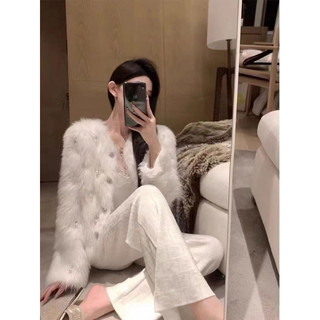 Áo khoác len lông thỏ cardigan cổ tròn đính hạt sang chảnh