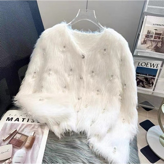 Áo khoác len lông thỏ cardigan cổ tròn đính hạt sang chảnh