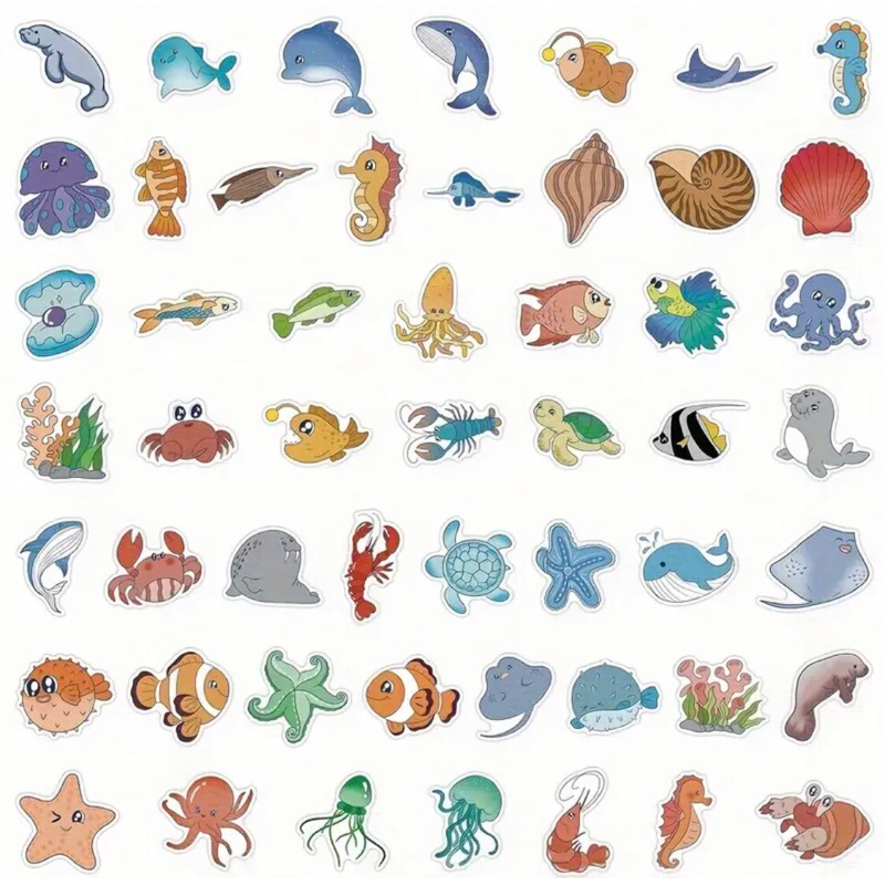 set 60 sticker sinh vật dưới biển gồm cá,tôm,cua,sao biển trang trí sổ tay note book laptop mũ bảo hiểm chống nước tốt