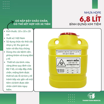 Bình đựng kim tiêm 6,8 lít bằng nhựa - Bình hủy kim tiêm y tế, bình đựng rác thải y tế, Có nắp đậy chắc chắn,có thể kết