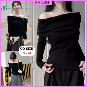 Áo Thun Trễ Vai Dài Tay Basic RANSHI Thiết Kế FORM DÀI Ôm Dáng Sáng Chảnh Chất Thun Gân Dày Dặn