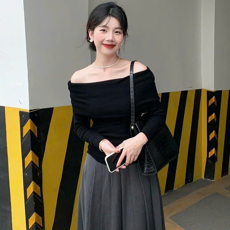 [CÓ SIZE] Áo Thun Trễ Vai Dài Tay Basic RANSHI Thiết Kế FORM DÀI Ôm Dáng Sáng Chảnh Chất Thun Gân Dày Dặn