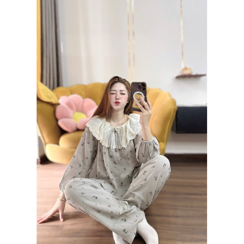 Set bộ pijama chất XÔ MUSLIN phối ren mềm dễ thương