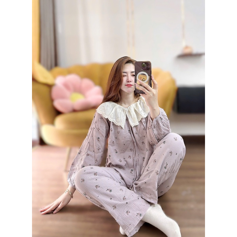 Set bộ pijama chất XÔ MUSLIN phối ren mềm dễ thương