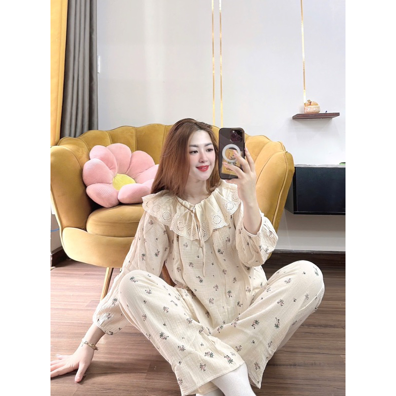 Set bộ pijama chất XÔ MUSLIN phối ren mềm dễ thương