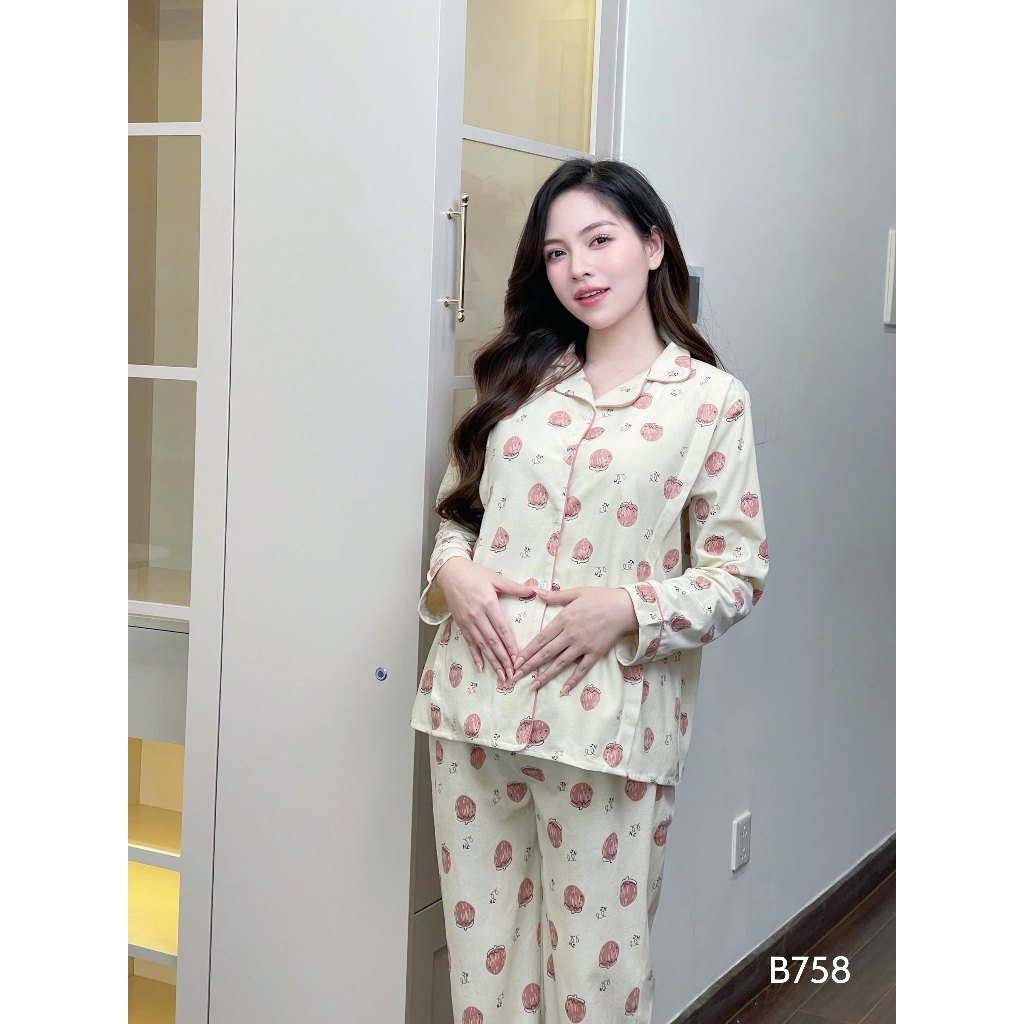 Bộ bầu mặc nhà pijama chất nhung tuyết họa tiết dâu dày dặn mềm mại - siêu thoải mái B758 B2MUM