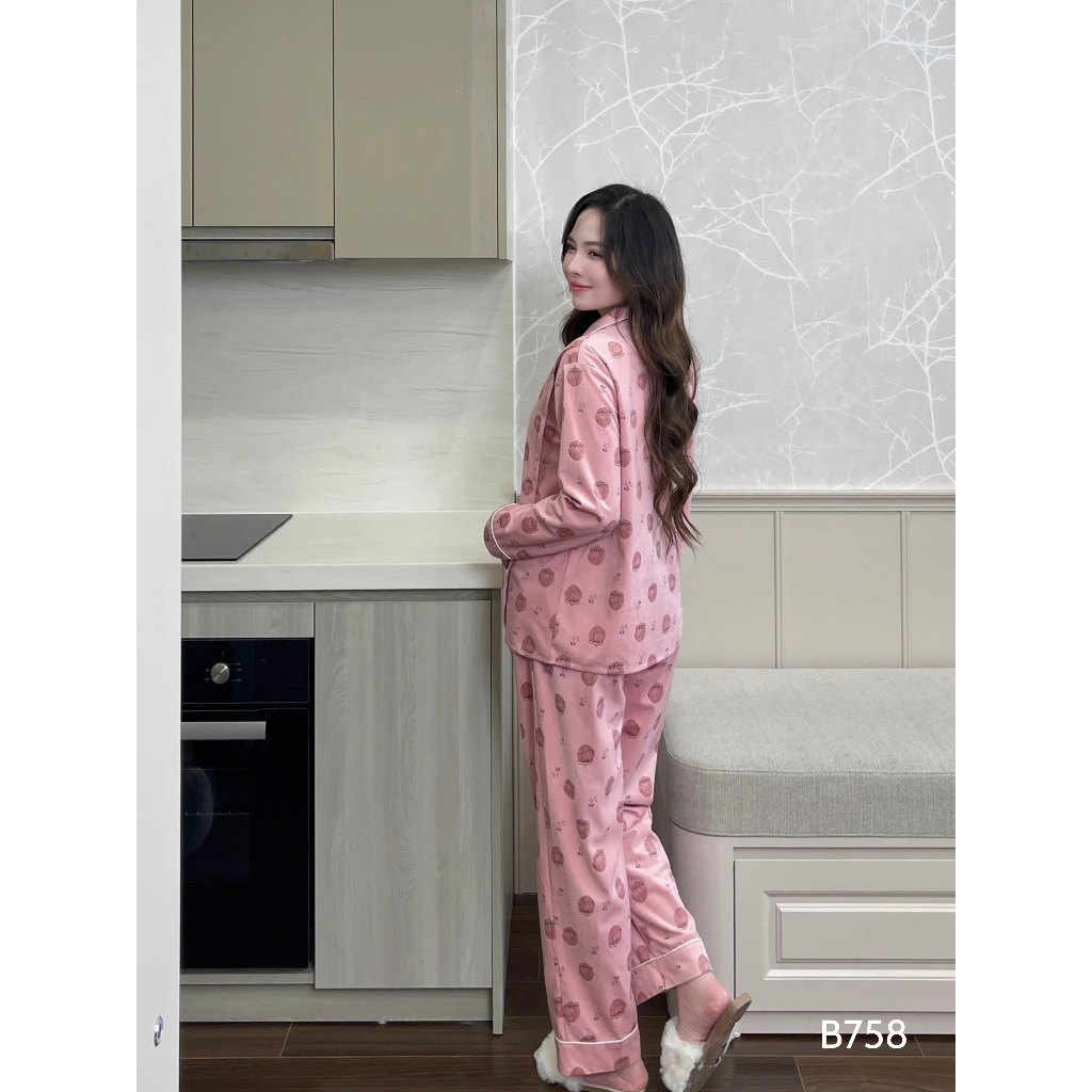 Bộ bầu mặc nhà pijama chất nhung tuyết họa tiết dâu dày dặn mềm mại - siêu thoải mái B758 B2MUM