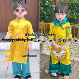 Bộ Áo dài cặp Gia Khang và Mẫn Hoa VÀNG cho bé mặc đi chơi lễ hội, lễ tết, lễ