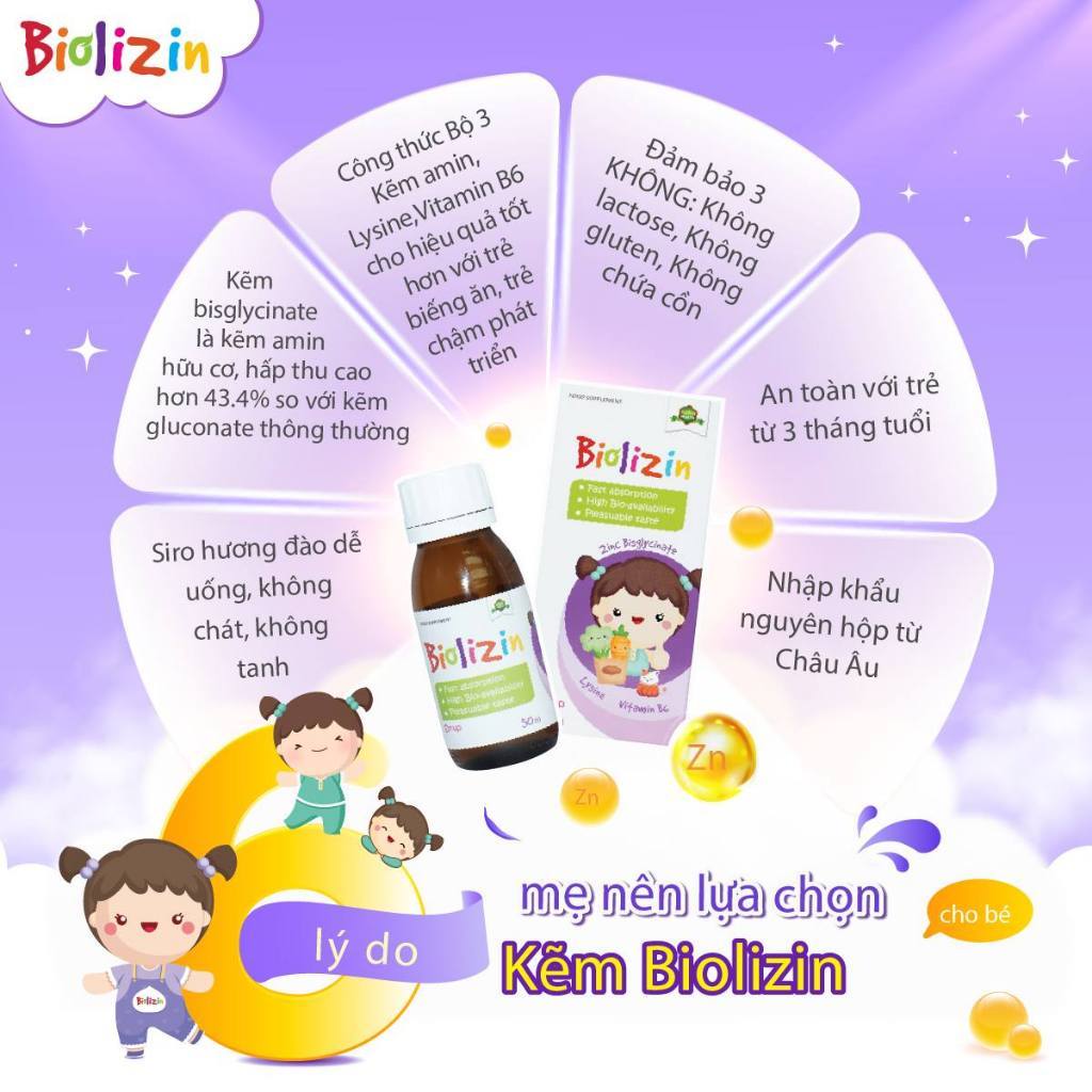 Kẽm hũu cơ biolizin cho bé ăn ngon, đề kháng khoẻ bổ sung kẽm Amin, Lysine, B6 nhập khẩu chai 50ml + quà SSVL
