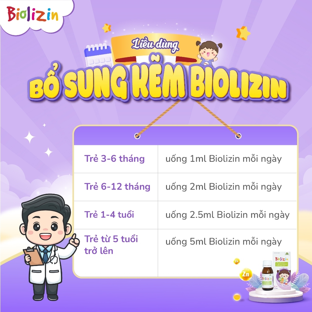Kẽm hũu cơ biolizin cho bé ăn ngon, đề kháng khoẻ bổ sung kẽm Amin, Lysine, B6 nhập khẩu chai 50ml + quà SSVL