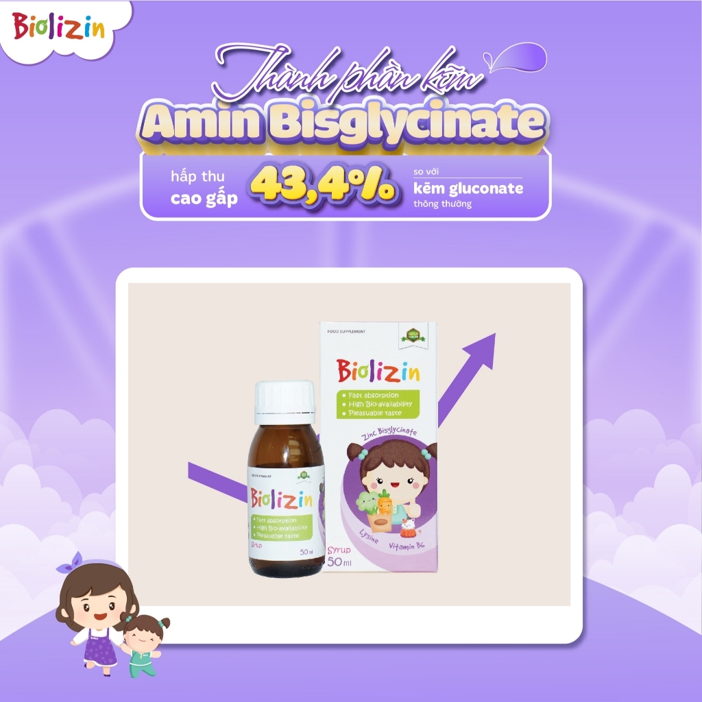 Kẽm hũu cơ biolizin cho bé ăn ngon, đề kháng khoẻ bổ sung kẽm Amin, Lysine, B6 nhập khẩu chai 50ml + quà SSVL