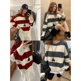 Áo len nữ dài tay cổ tròn kẻ ngang phối màu lông mịn form rộng unisex thời trang thu đông DELIZ