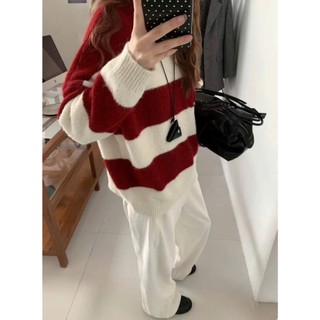 Áo len nữ dài tay cổ tròn kẻ ngang phối màu lông mịn form rộng unisex thời trang thu đông DELIZ