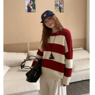 Áo len nữ dài tay cổ tròn kẻ ngang phối màu lông mịn form rộng unisex thời trang thu đông DELIZ