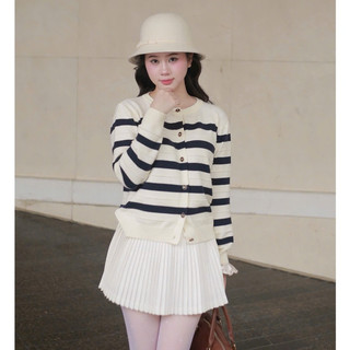 Áo cardigan dài tay cổ tròn len lông thỏ phối sọc cho nữ thời trang thu đông DELIZ cao cấp CD843