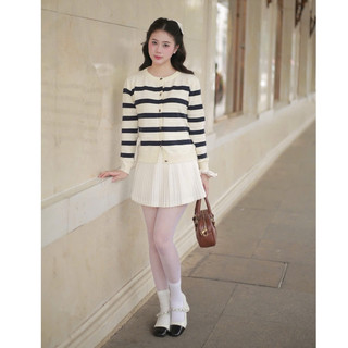 Áo cardigan dài tay cổ tròn len lông thỏ phối sọc cho nữ thời trang thu đông DELIZ cao cấp CD843