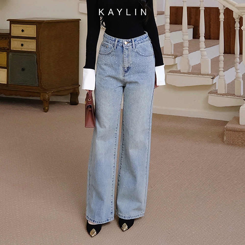 Ảnh Quần Jean KAYLIN Basic form suông đính hạt chất vải denim dầy dặn phong cách - N2368 2
