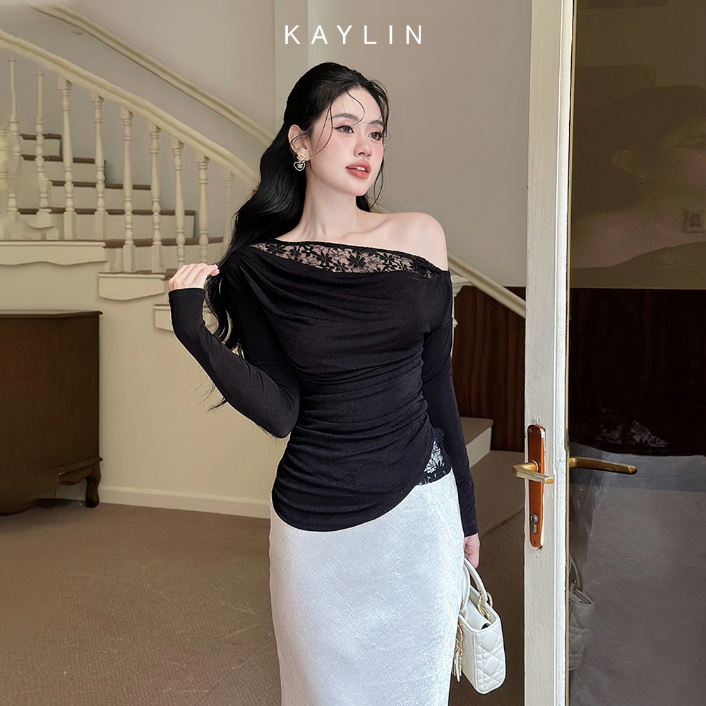 Ảnh Áo kiểu KAYLIN tay dài lệch vai phối ren chất vải lụa thun mỏng nhẹ phong cách gợi cảm - N2363 2