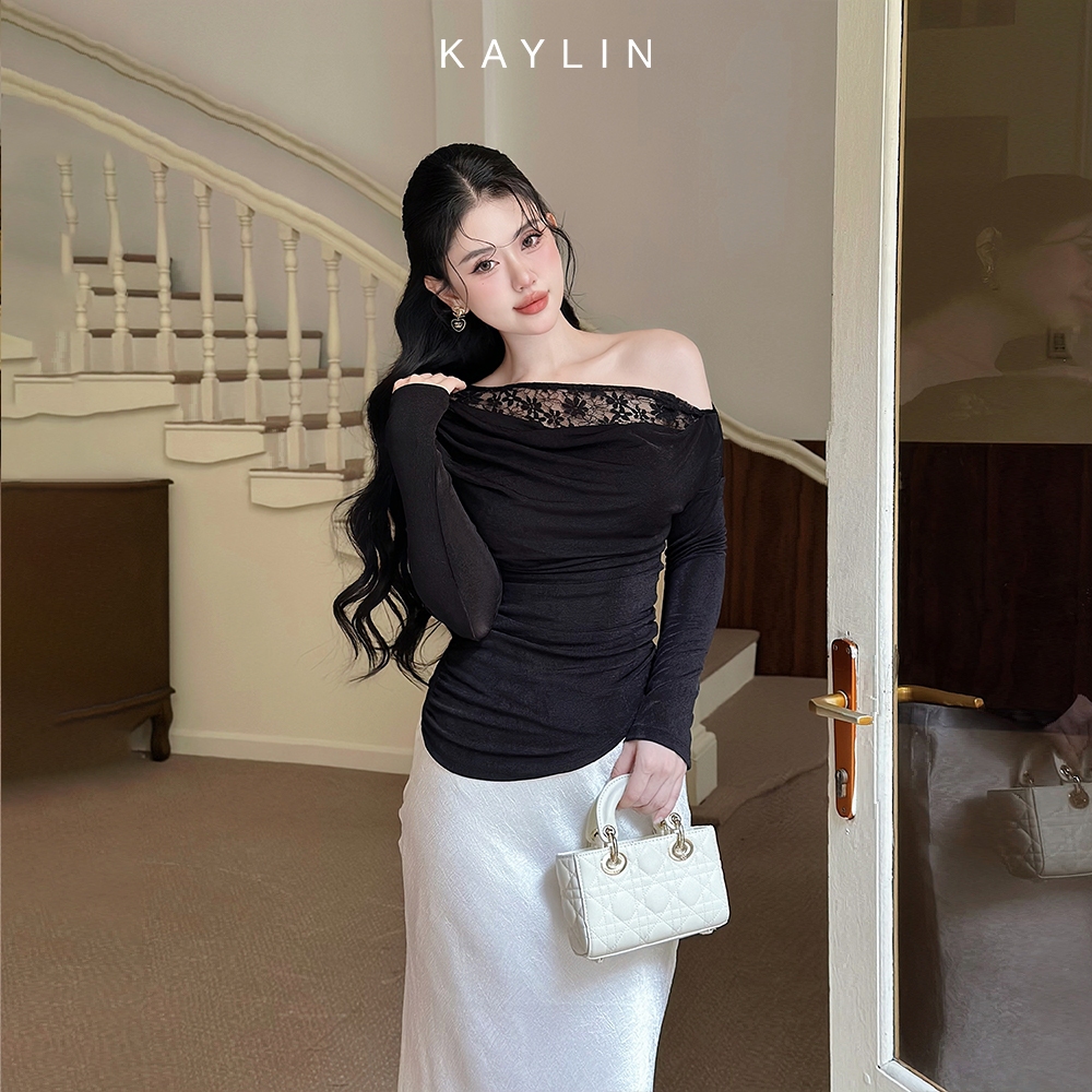 Ảnh Áo kiểu KAYLIN tay dài lệch vai phối ren chất vải lụa thun mỏng nhẹ phong cách gợi cảm - N2363 4