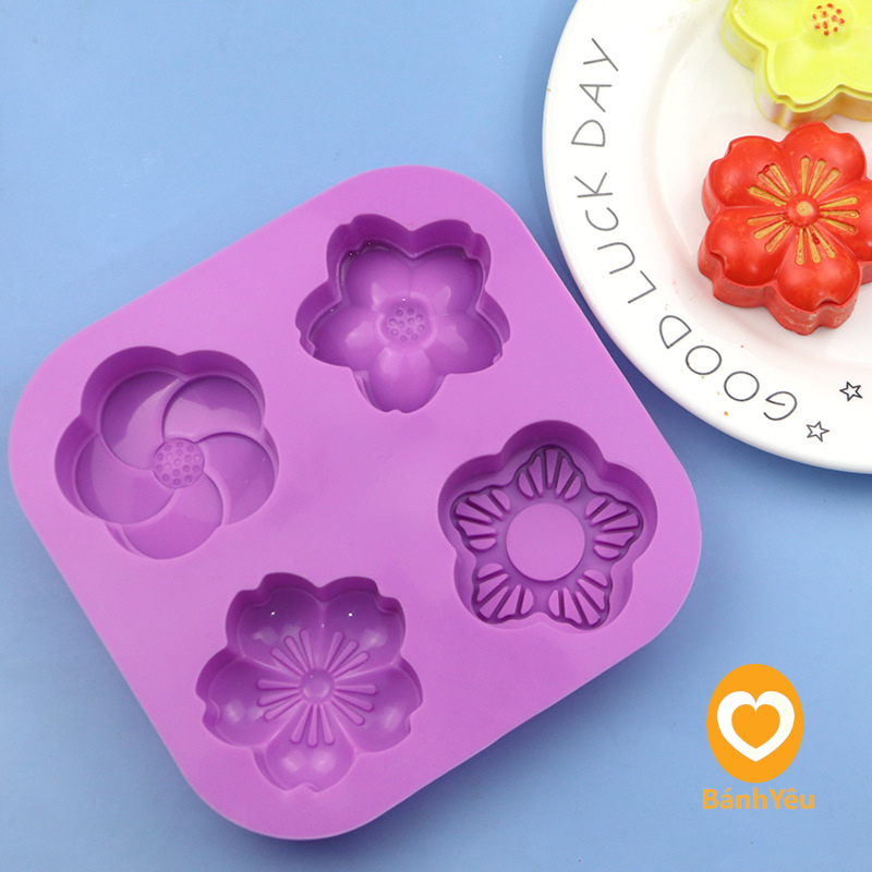 Khuôn silicon hình hoa đào Sakura 4 ô lớn/Khuôn Silicon 3D đễ thương làm thạch rau câu, socola