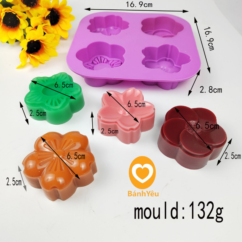 Khuôn silicon hình hoa đào Sakura 4 ô lớn/Khuôn Silicon 3D đễ thương làm thạch rau câu, socola
