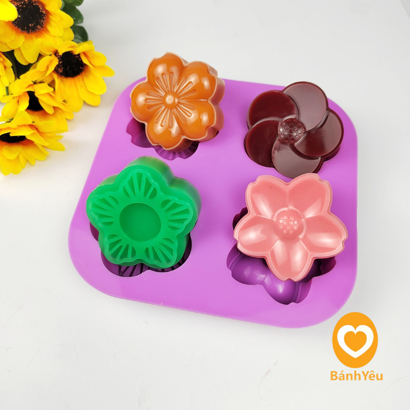 Khuôn silicon hình hoa đào Sakura 4 ô lớn/Khuôn Silicon 3D đễ thương làm thạch rau câu, socola