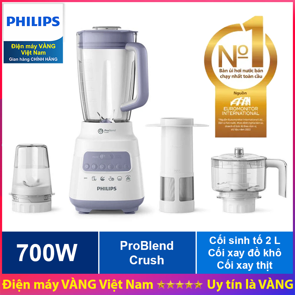 Ảnh Máy xay sinh tố Philips HR2223 HR2223/00 bộ 3 cối xay nhựa, 5 chế độ cài đặt sẵn, nghiền mịn đá - Hàng chính hãng 1