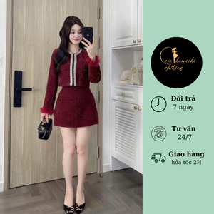 Set bộ đồ dạ tweed dài tay phối lông mix viền đá+chân váy chữ A dáng ngắn Eva_hamichi