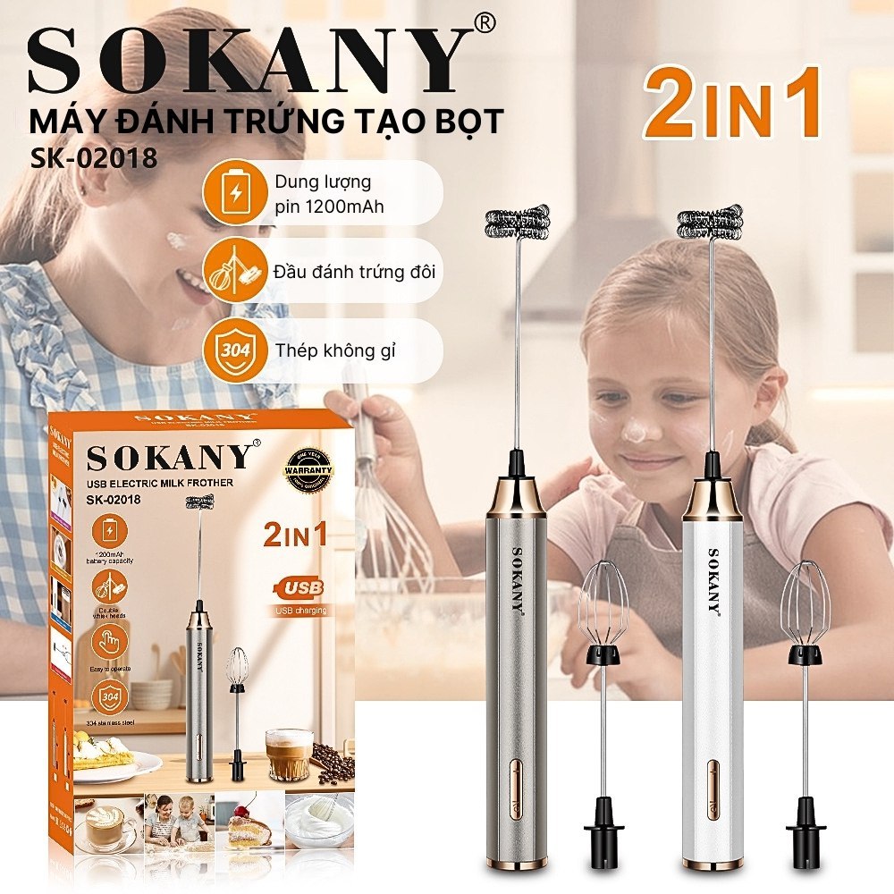 Máy đánh bọt cầm tay KHÔNG DÂY đa năng 2IN1 SOKANY SK-02018 đánh trứng ...