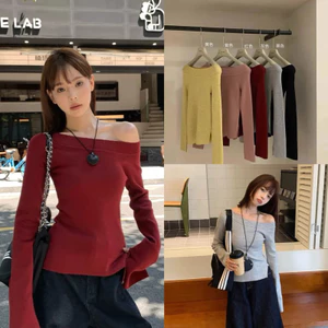 Áo len trễ vai dáng croptop dài tay fom bassic 2445