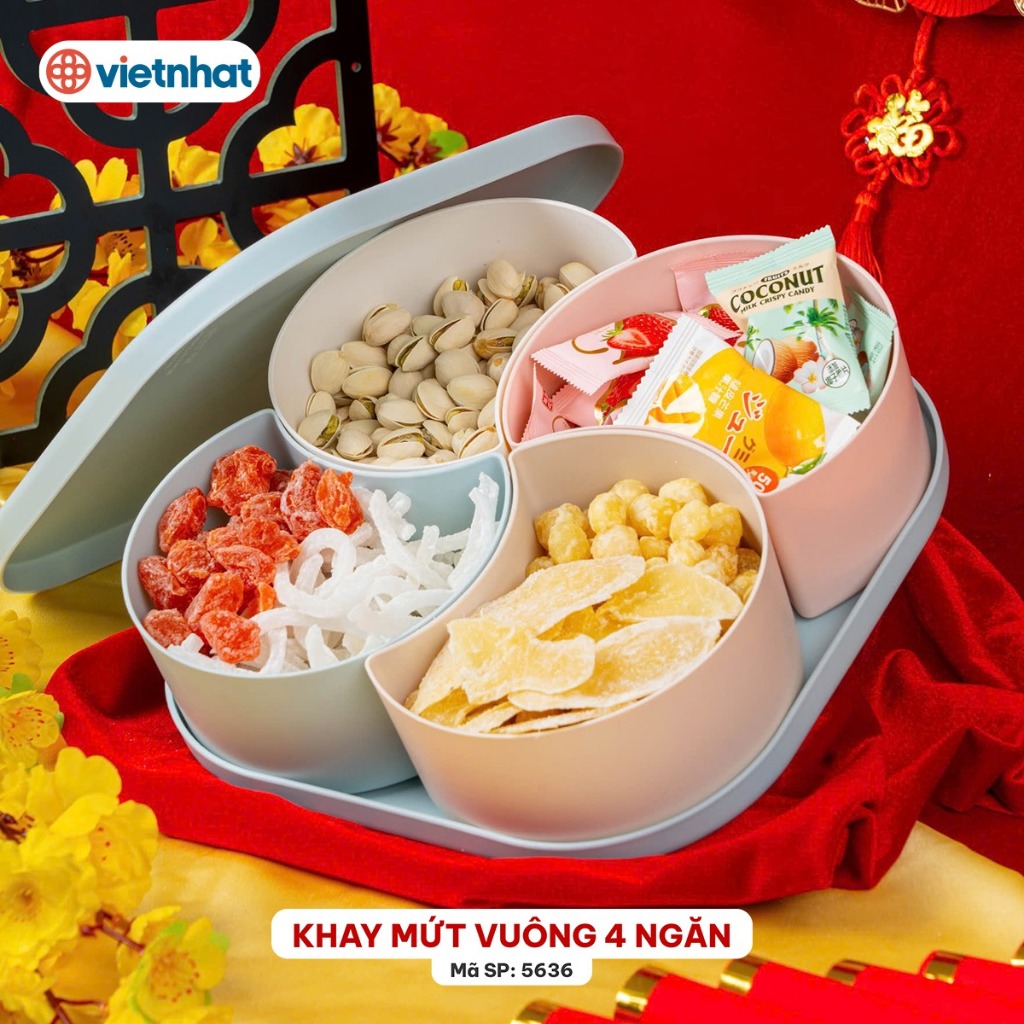 Khay đựng bánh kẹo tết, khay mứt vuông 4 ngăn Chính Hãng Việt Nhật (mã 5636)