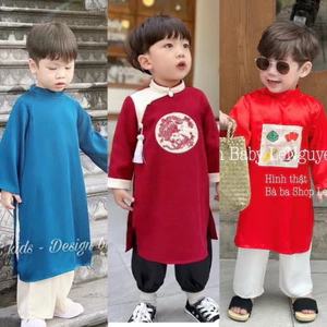 Áo dài nhung thêu + quần lụa cho bé trai (8-32kg) THÊU HÌNH RỒNG PHỤNG - Set đồ cho bé mặc chơi tết
