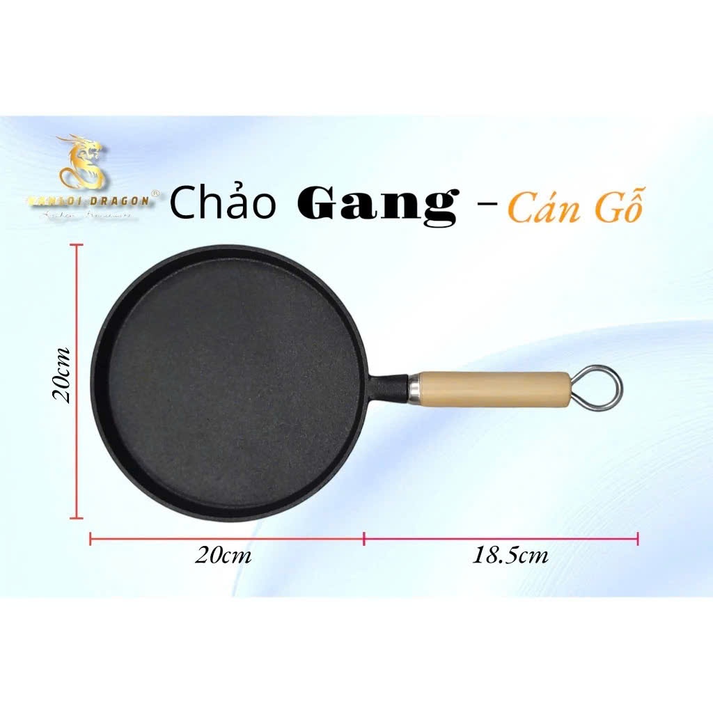 Chảo gang chống dính cán gỗ kích thước 20cm dùng để chiên, rán trứng, đổ bánh xèo tiện lợi - Chảo gang tròn 20cm cán gỗ.