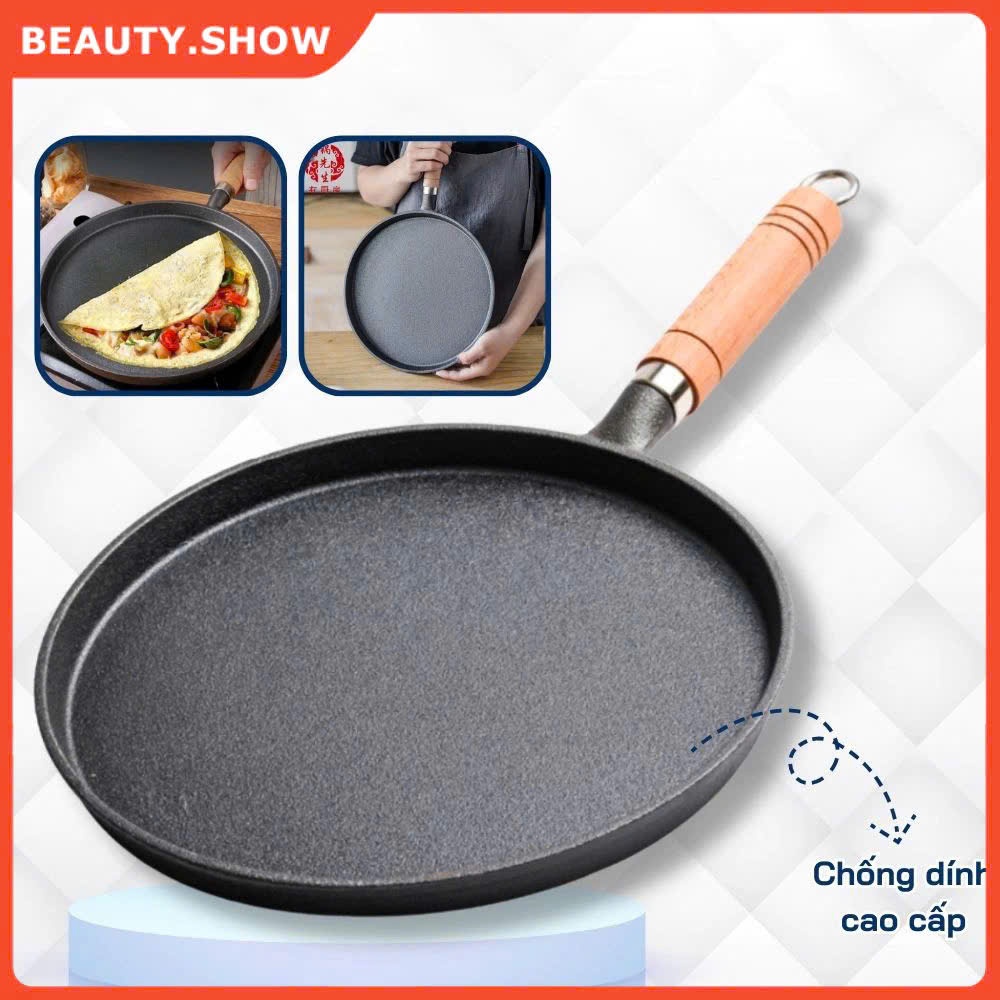 Chảo gang chống dính cán gỗ kích thước 20cm dùng để chiên, rán trứng, đổ bánh xèo tiện lợi - Chảo gang tròn 20cm cán gỗ.