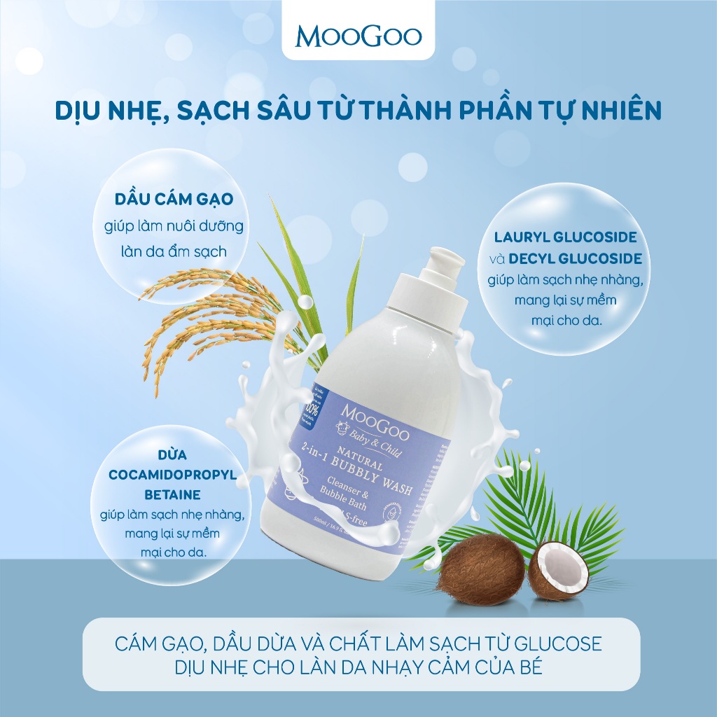Sữa Tắm Gội Tự Nhiên MooGoo Bubbly Wash Từ Cám Gạo Cho Bé Không Chứa SLS & Paraben