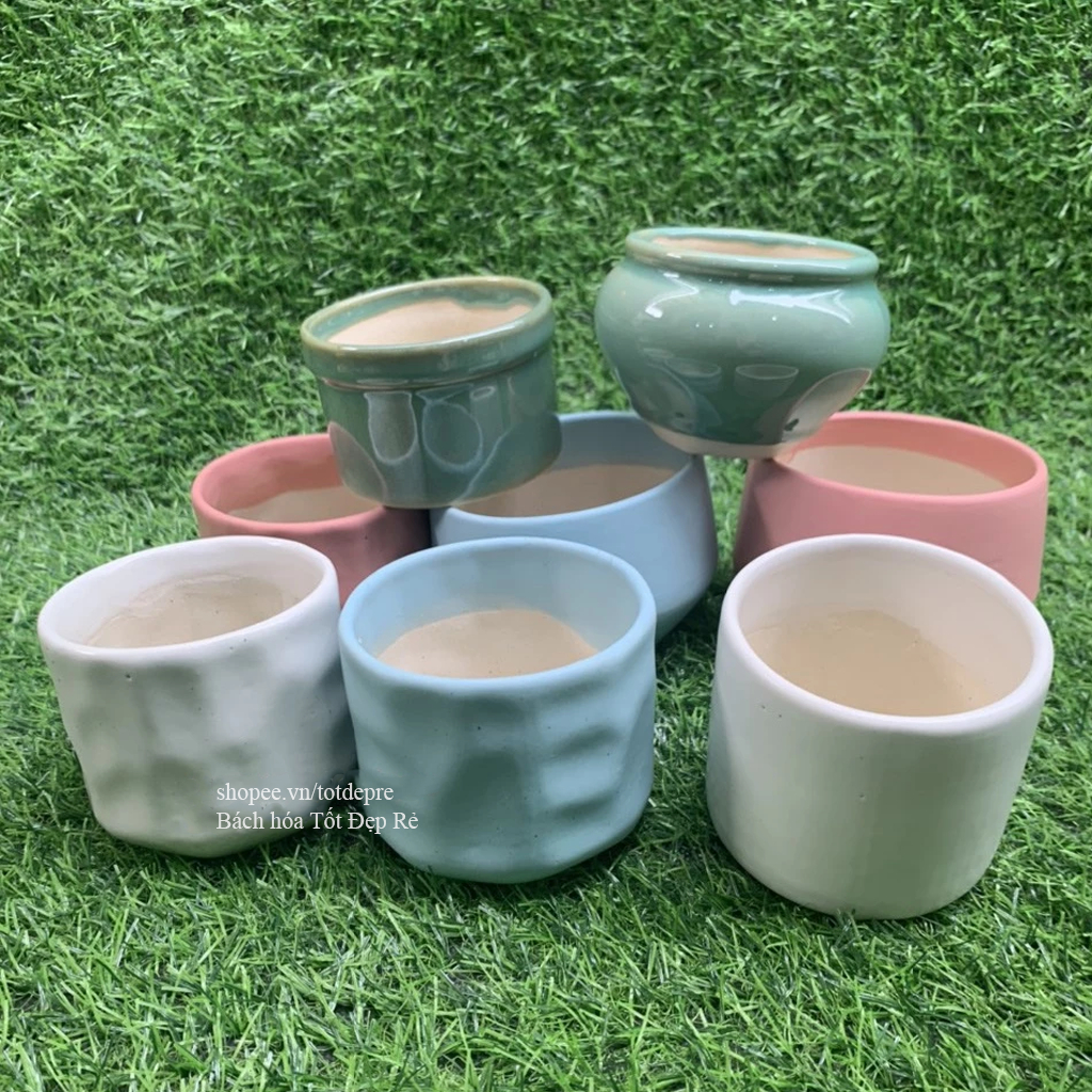 Chậu gốm sứ trồng sen đá - Chậu trồng cây để bàn nhiều màu đẹp kiểu dáng dễ thương có lỗ thoát nước