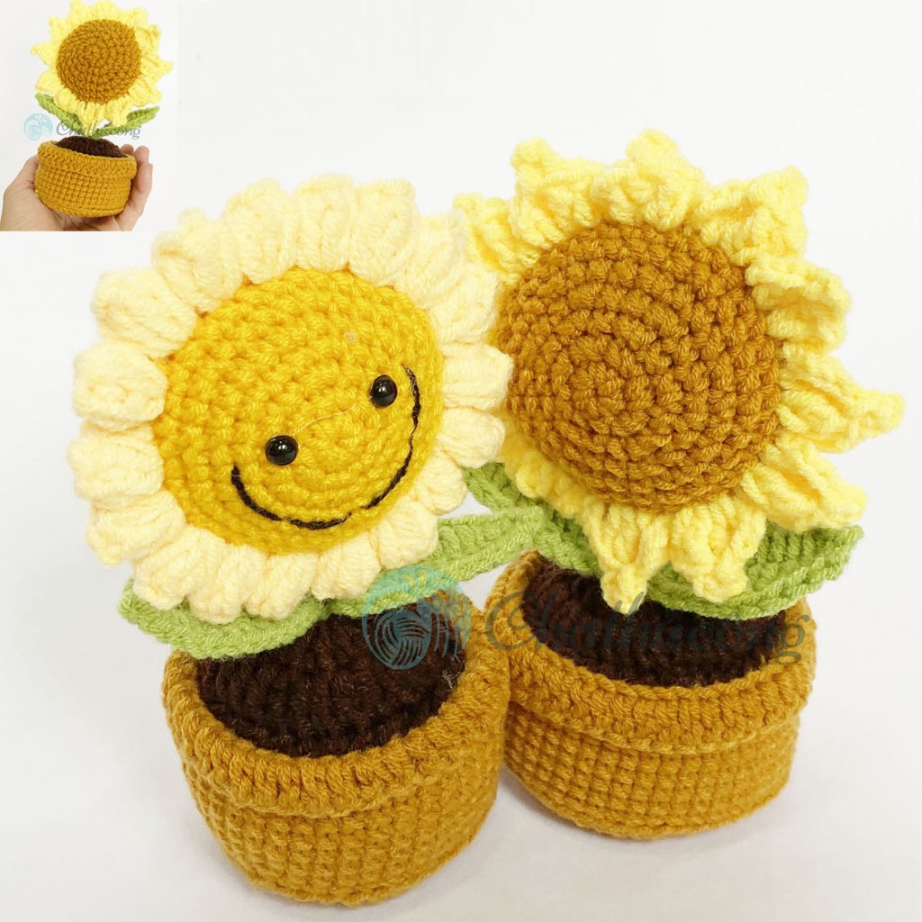 Chậu hoa hướng dương len handmade, chậu hoa len 1 bông để bàn giỏ hoa ...