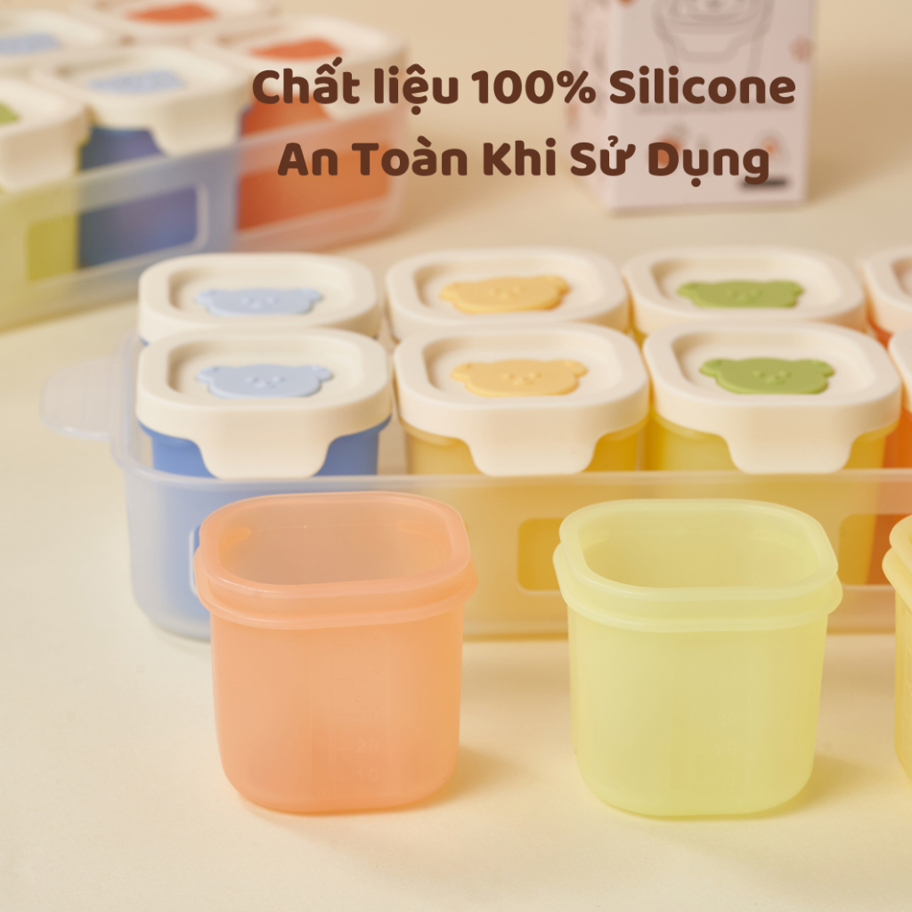 Hộp Trữ Đông Đồ Ăn Dặm Cho Bé Chất Liệu Silicone, Khay Trữ Thực Phẩm Ăn Dặm Dung Tích 50ml Hình Gấu