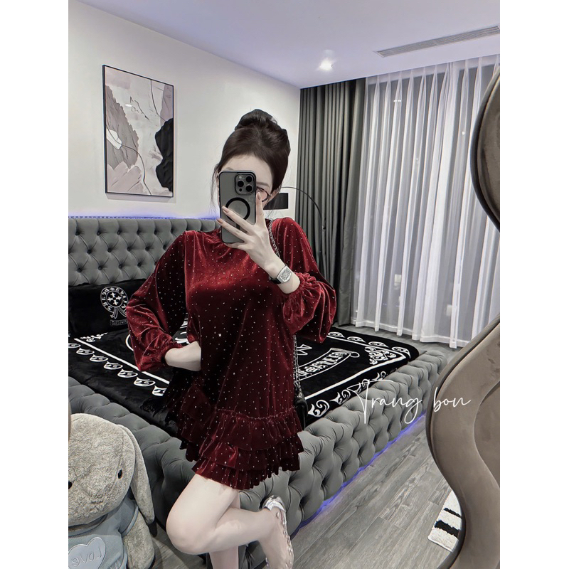 Váy nhung dáng xuông đính đá bling siu xinh