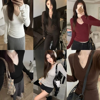 Áo thun nữ dài tay cổ tim Justdun chất cotton không pha nilon giữ nhiệt ôm body T28