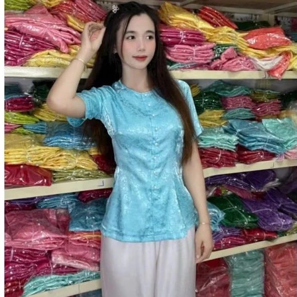 ÁO BÀ BA GẤM NỮ TAY NGẮN CÓ BIGSIZE 4XL cổ tròn - bà ba tết -đồ lam nữ (BÁN ÁO RIÊNG, QUẦN RIÊNG)