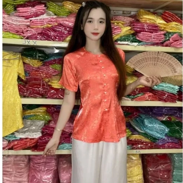 ÁO BÀ BA GẤM NỮ TAY NGẮN CÓ BIGSIZE 4XL cổ tròn - bà ba tết -đồ lam nữ (BÁN ÁO RIÊNG, QUẦN RIÊNG)