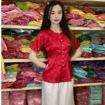 ÁO BÀ BA GẤM NỮ TAY NGẮN CÓ BIGSIZE 4XL cổ tròn - bà ba tết -đồ lam nữ (BÁN ÁO RIÊNG, QUẦN RIÊNG)