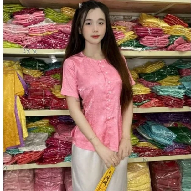 ÁO BÀ BA GẤM NỮ TAY NGẮN CÓ BIGSIZE 4XL cổ tròn - bà ba tết -đồ lam nữ (BÁN ÁO RIÊNG, QUẦN RIÊNG)