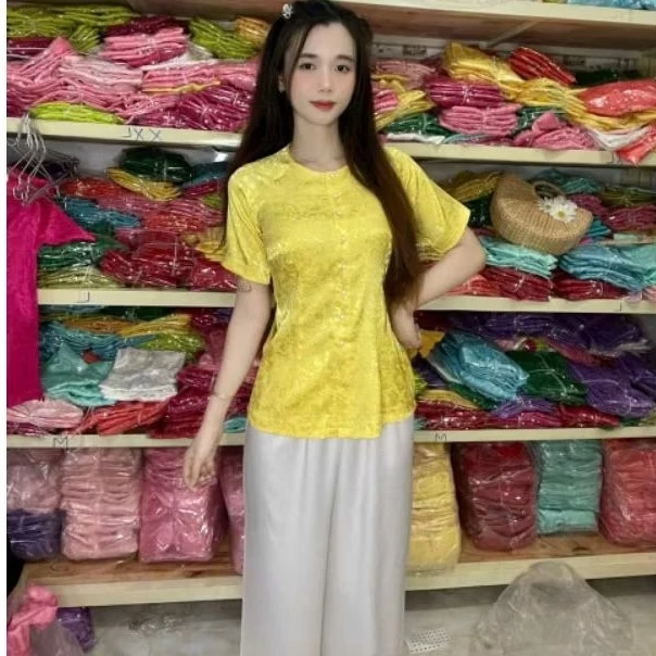 ÁO BÀ BA GẤM NỮ TAY NGẮN CÓ BIGSIZE 4XL cổ tròn - bà ba tết -đồ lam nữ (BÁN ÁO RIÊNG, QUẦN RIÊNG)