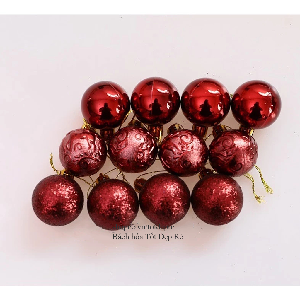 Hộp trái châu tròn đẹp 12 quả 6cm  gồm 3 loại châu tiện dụng trang trí cây thông Noel gắn vòng hoa giáng sinh