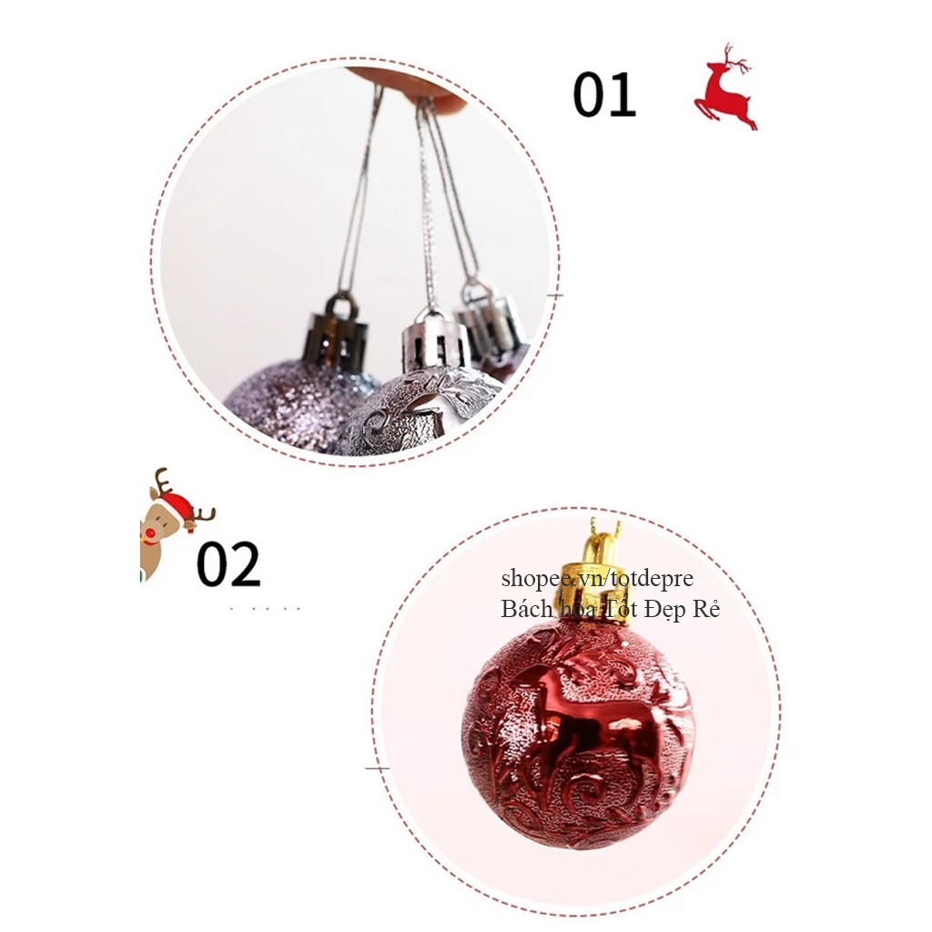 Hộp trái châu tròn đẹp 12 quả 6cm  gồm 3 loại châu tiện dụng trang trí cây thông Noel gắn vòng hoa giáng sinh